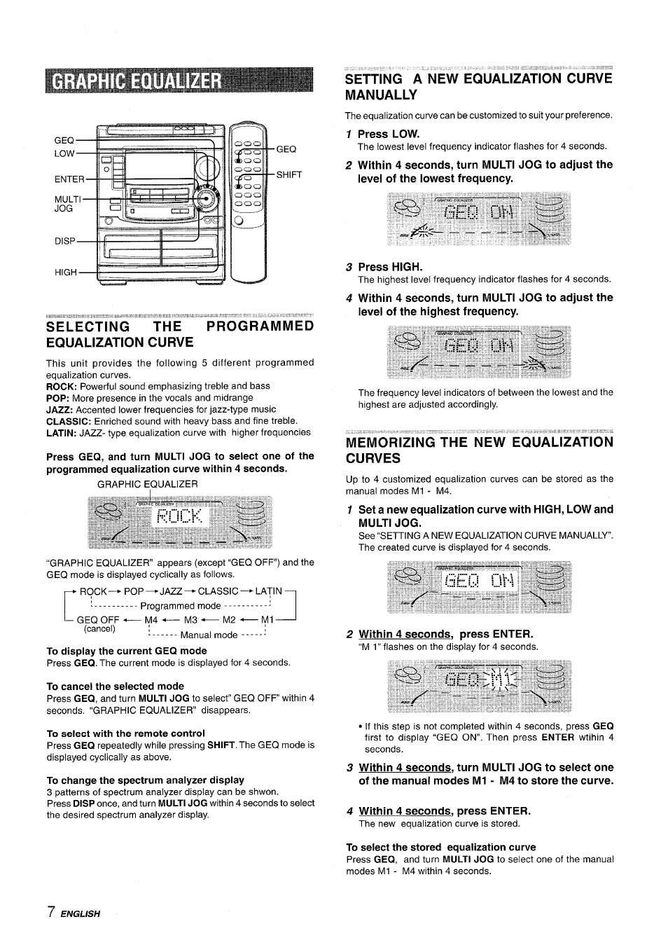 Selecting the equalization curve, To cancel the selected mode, To select with the remote control | To change the spectrum analyzer display, Setting a new equalization curve manually, 1 press low, Geq dv-^ 'r, 3 press high, Geq qv, Memorizing the new equalization curves | Aiwa NSX-A508 User Manual | Page 8 / 68