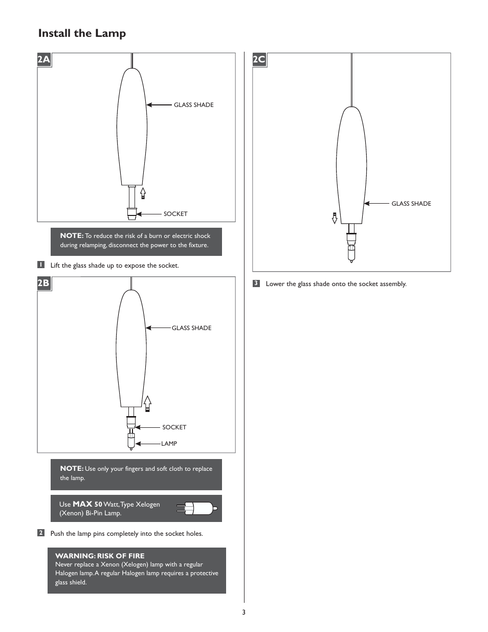 Install the lamp, 2a 2b 2c | LBL Lighting Renée I P User Manual | Page 3 / 4