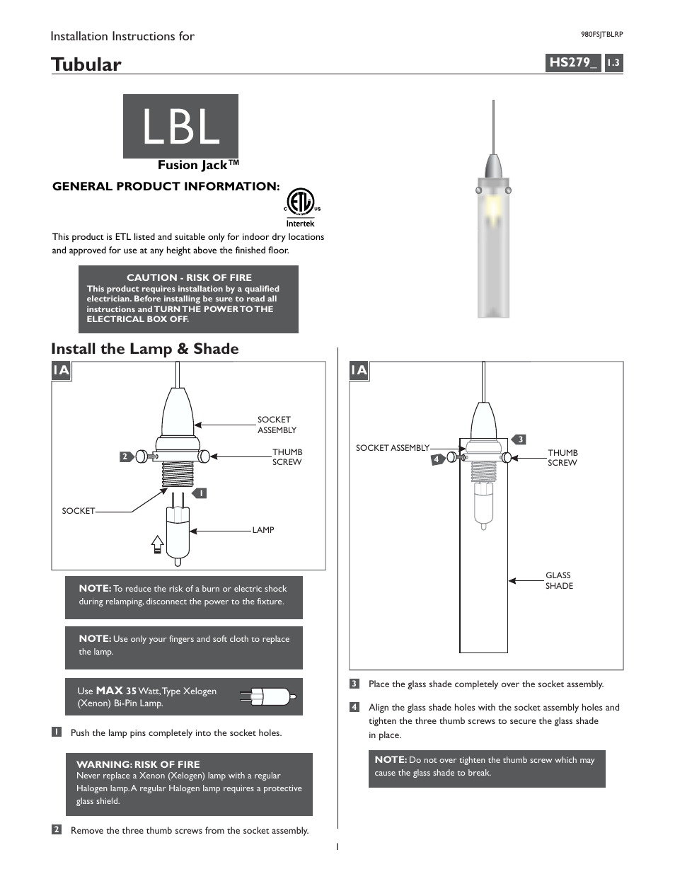 LBL Lighting Tubular P User Manual | 4 pages