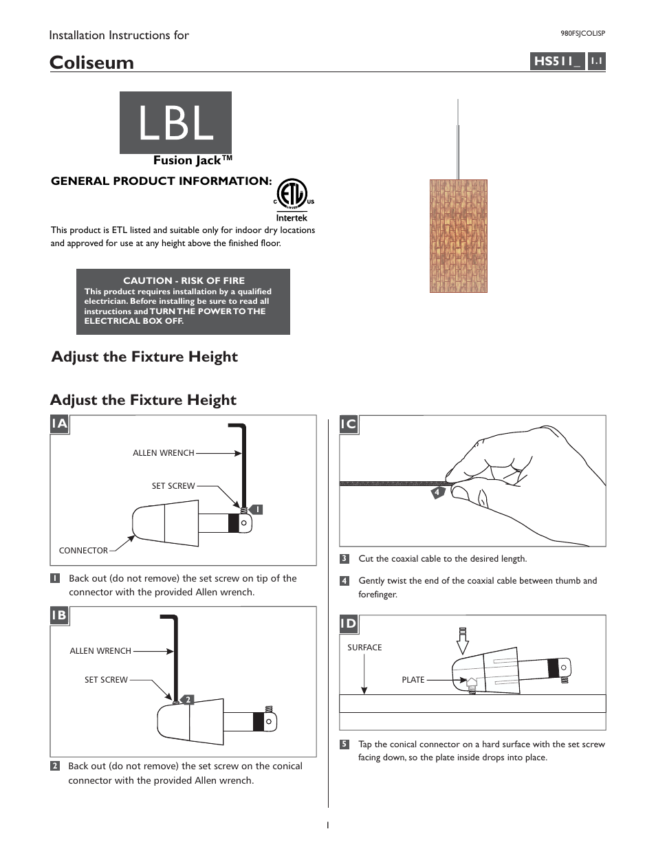 LBL Lighting Coliseum P User Manual | 4 pages