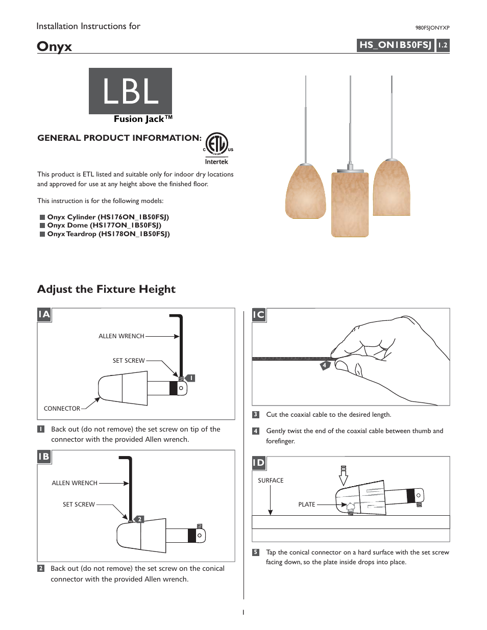 LBL Lighting Onyx Teardrop User Manual | 4 pages