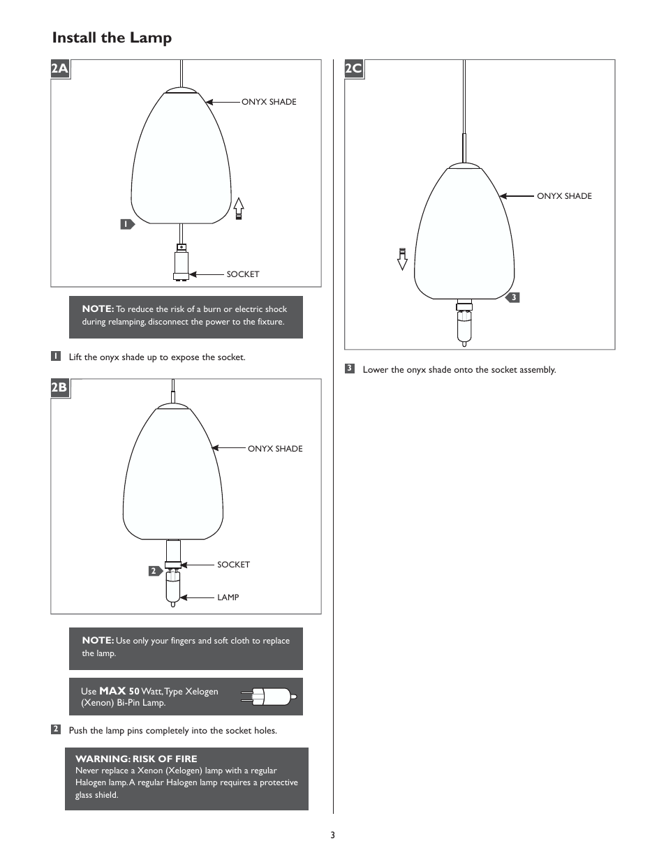 Install the lamp, 2a 2c 2b | LBL Lighting Onyx Teardrop User Manual | Page 3 / 4