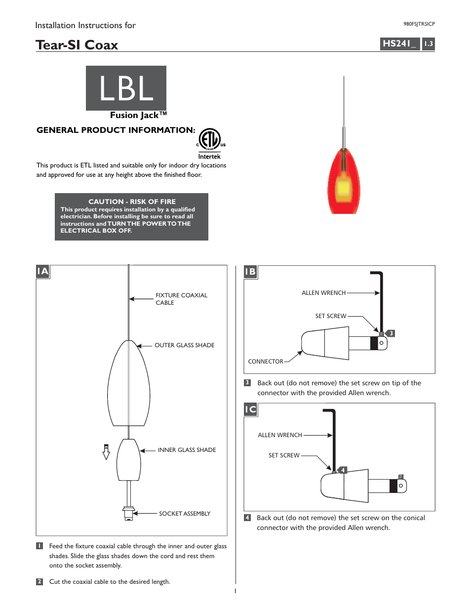 LBL Lighting Tear-SI Coax P User Manual | 4 pages