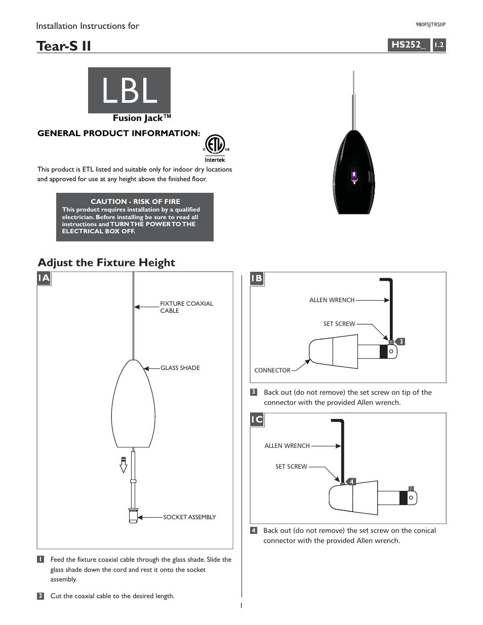 LBL Lighting Tear-SII Coax P User Manual | 4 pages