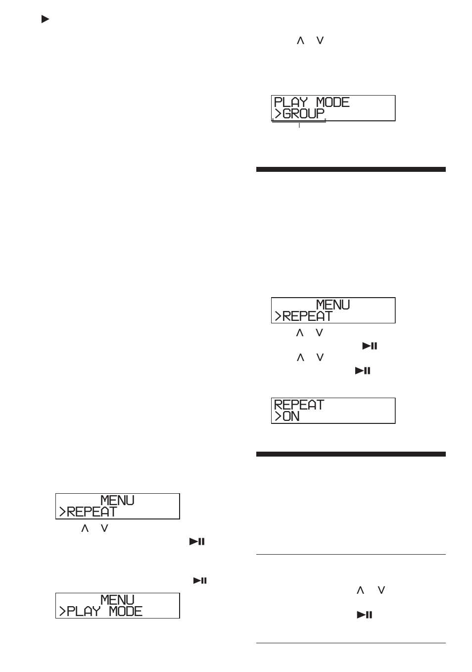 Opciones de reproducción, Reproducción de pistas de forma repetida, Repeat menu | Play mode menu, Group play mode, On repeat | Aiwa XP-ZV610 User Manual | Page 48 / 68