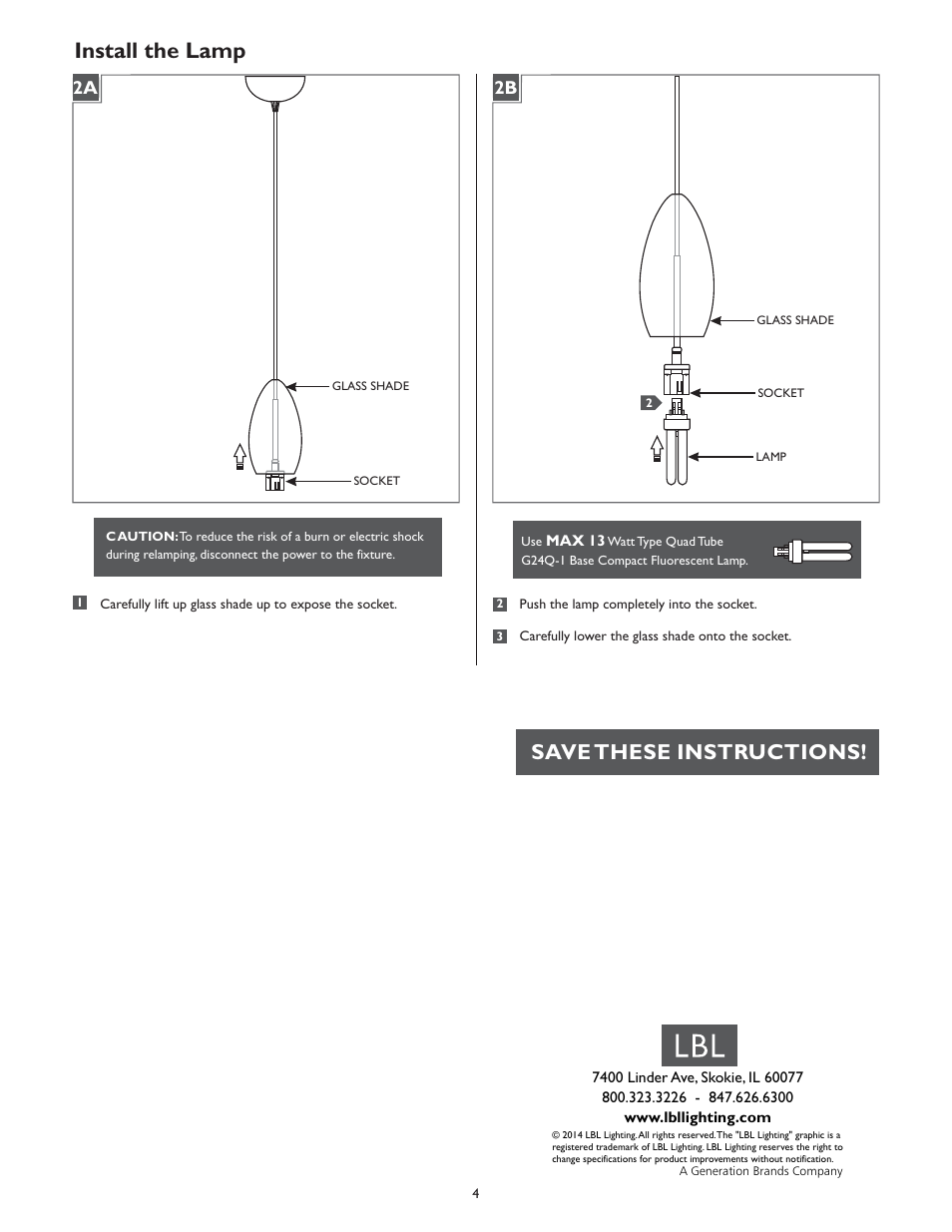 Install the lamp, Save these instructions | LBL Lighting Tear-SII Coax PCF User Manual | Page 4 / 4