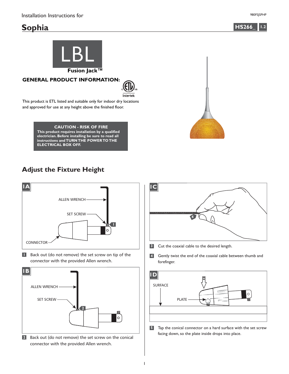 LBL Lighting Sophia Coax P User Manual | 4 pages