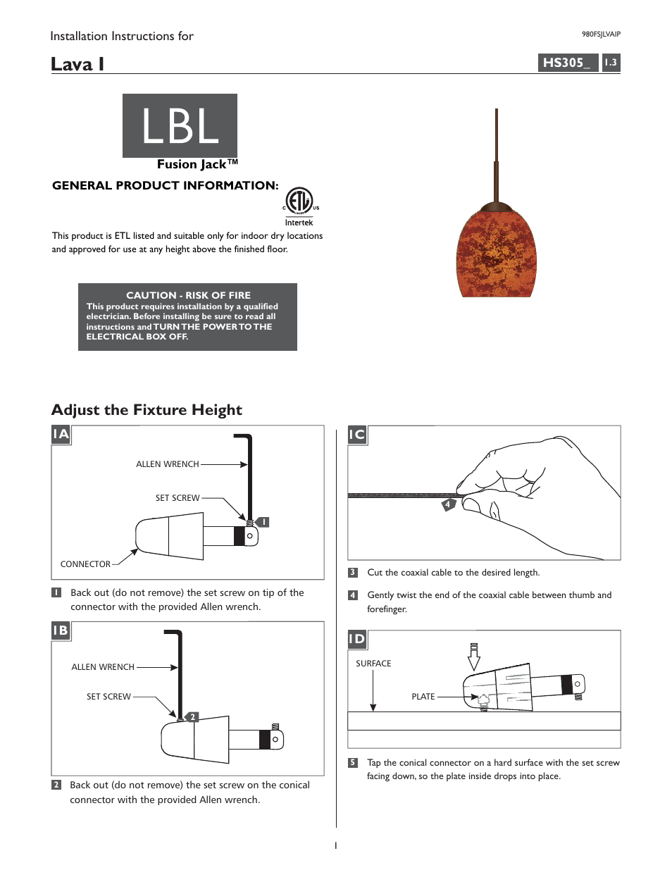 LBL Lighting Lava I P User Manual | 4 pages