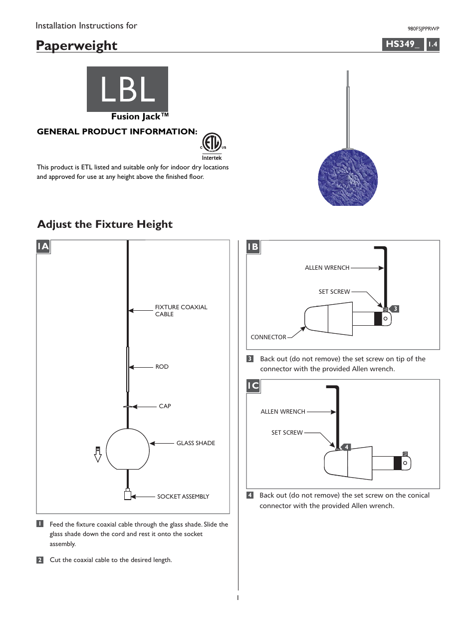 LBL Lighting Paperweight P User Manual | 4 pages