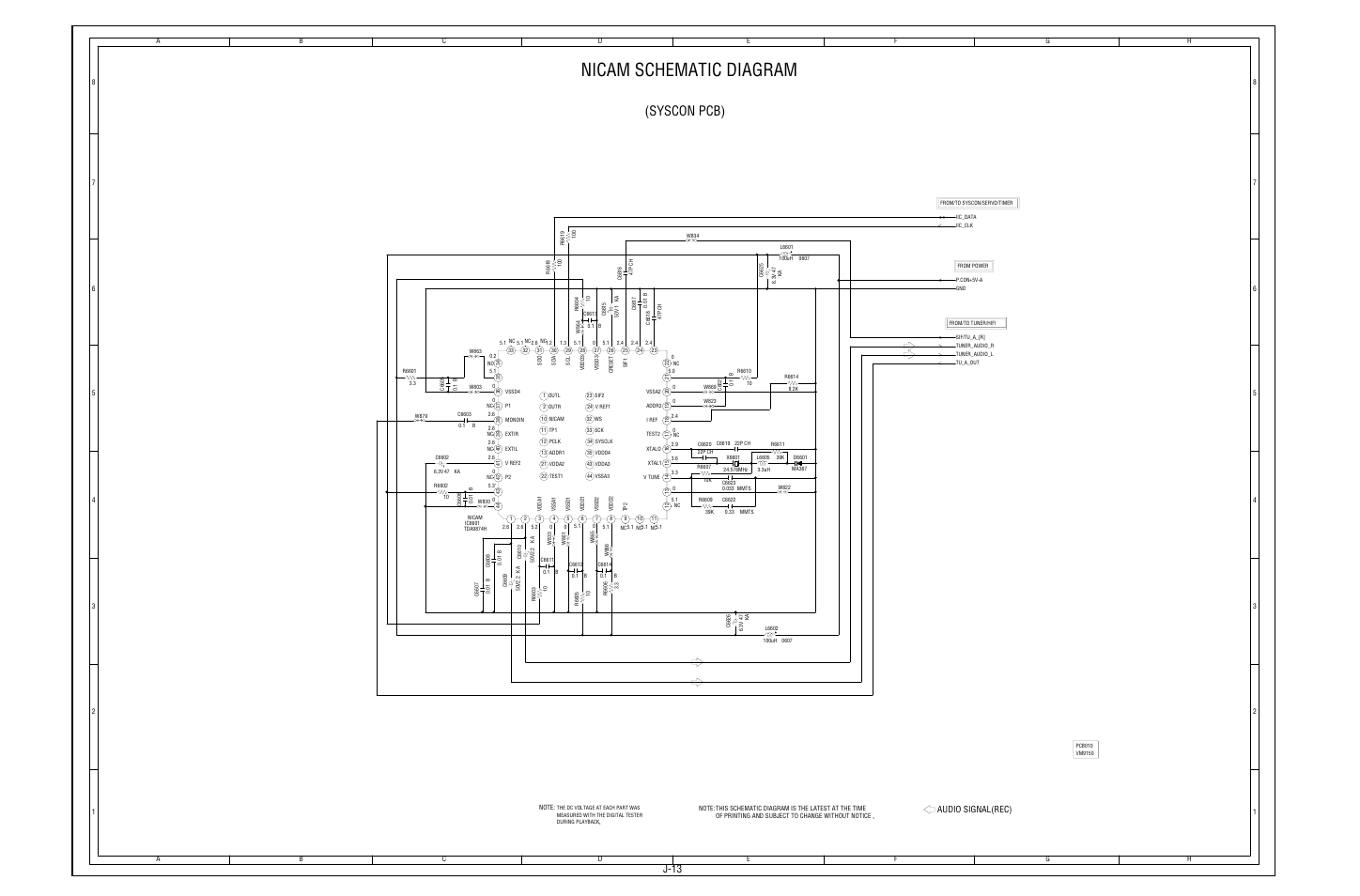 Nicam schematic diagram, Syscon pcb), J-13 | Audio signal(rec) | Aiwa HV-FX5100 User Manual | Page 73 / 84