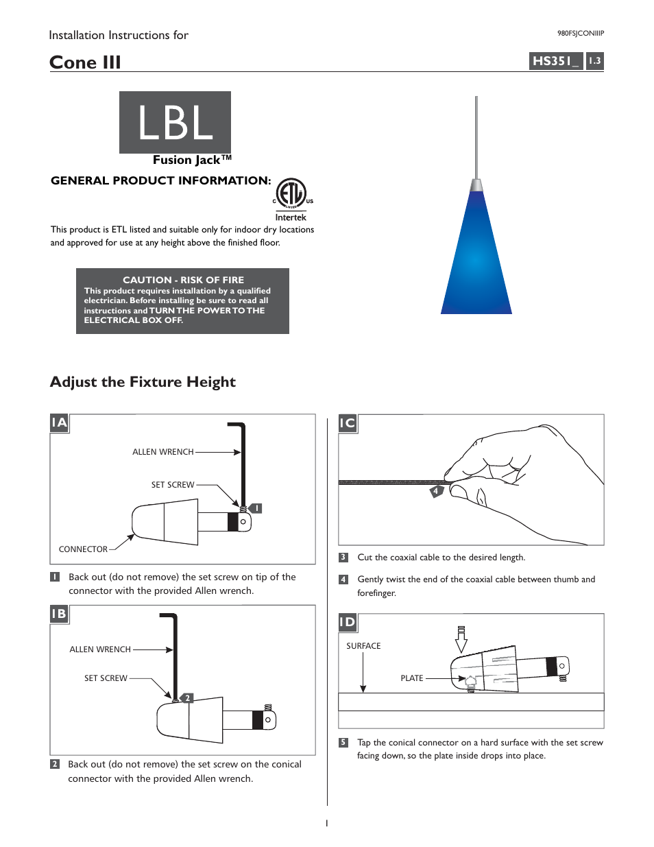 LBL Lighting Cone III P User Manual | 4 pages