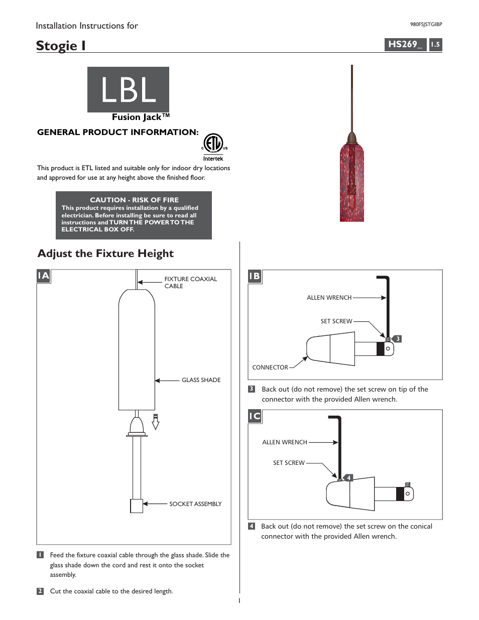 LBL Lighting Stogie I BP User Manual | 4 pages