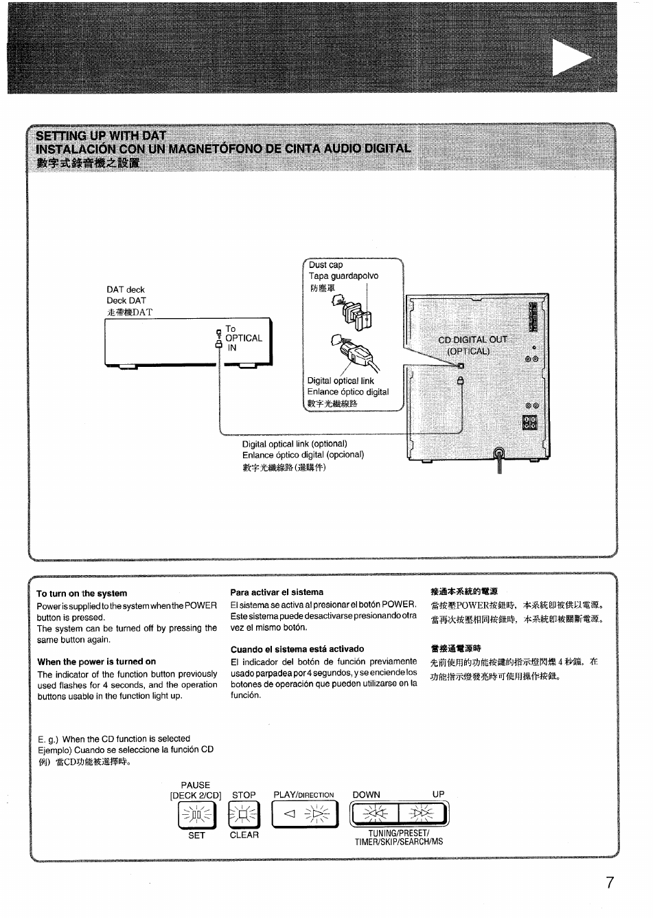 Settincs up with dat, When the power is turned on, Cuando el sistema está activado | Aiwa SX-N332 User Manual | Page 7 / 60