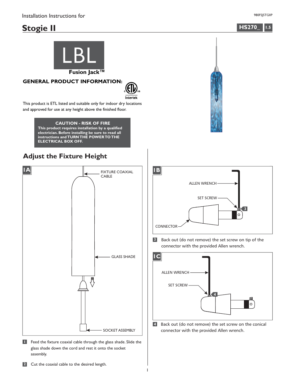 LBL Lighting Stogie II P User Manual | 4 pages