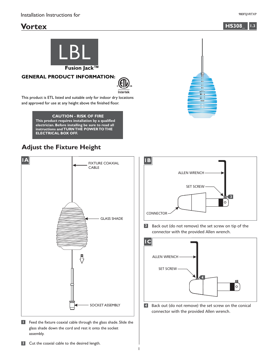 LBL Lighting Vortex P User Manual | 4 pages