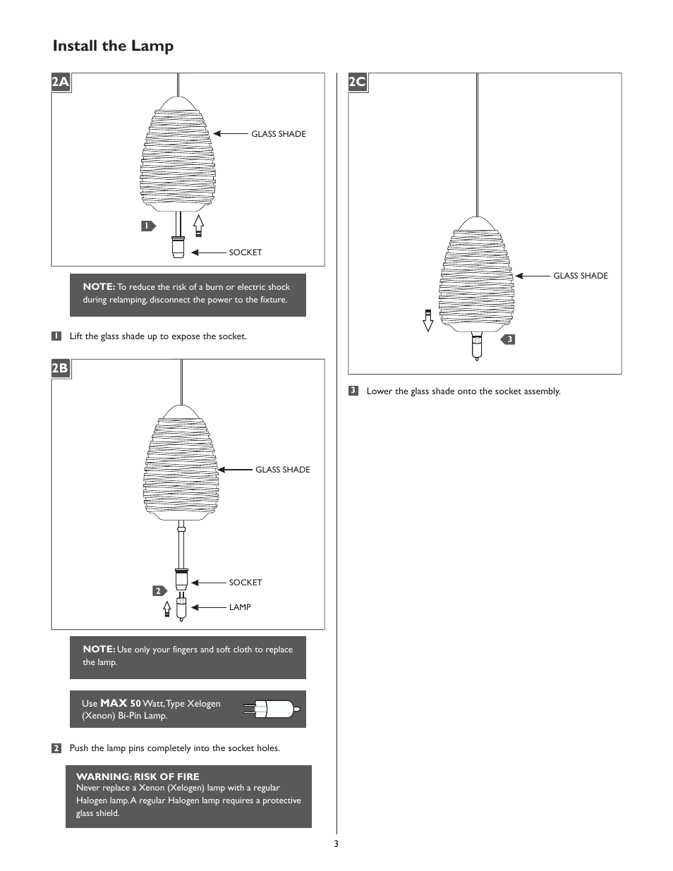 Install the lamp, 2a 2b 2c | LBL Lighting Vortex P User Manual | Page 3 / 4
