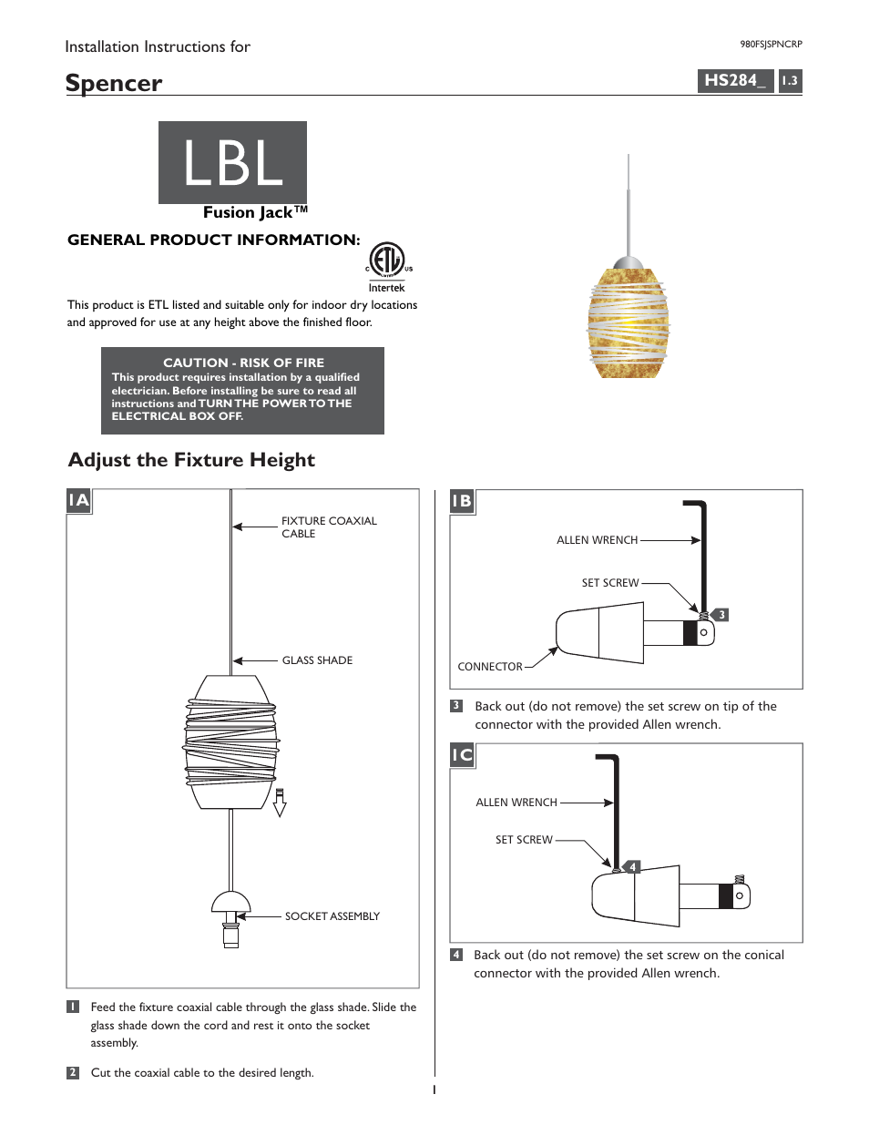 LBL Lighting Spencer P User Manual | 4 pages