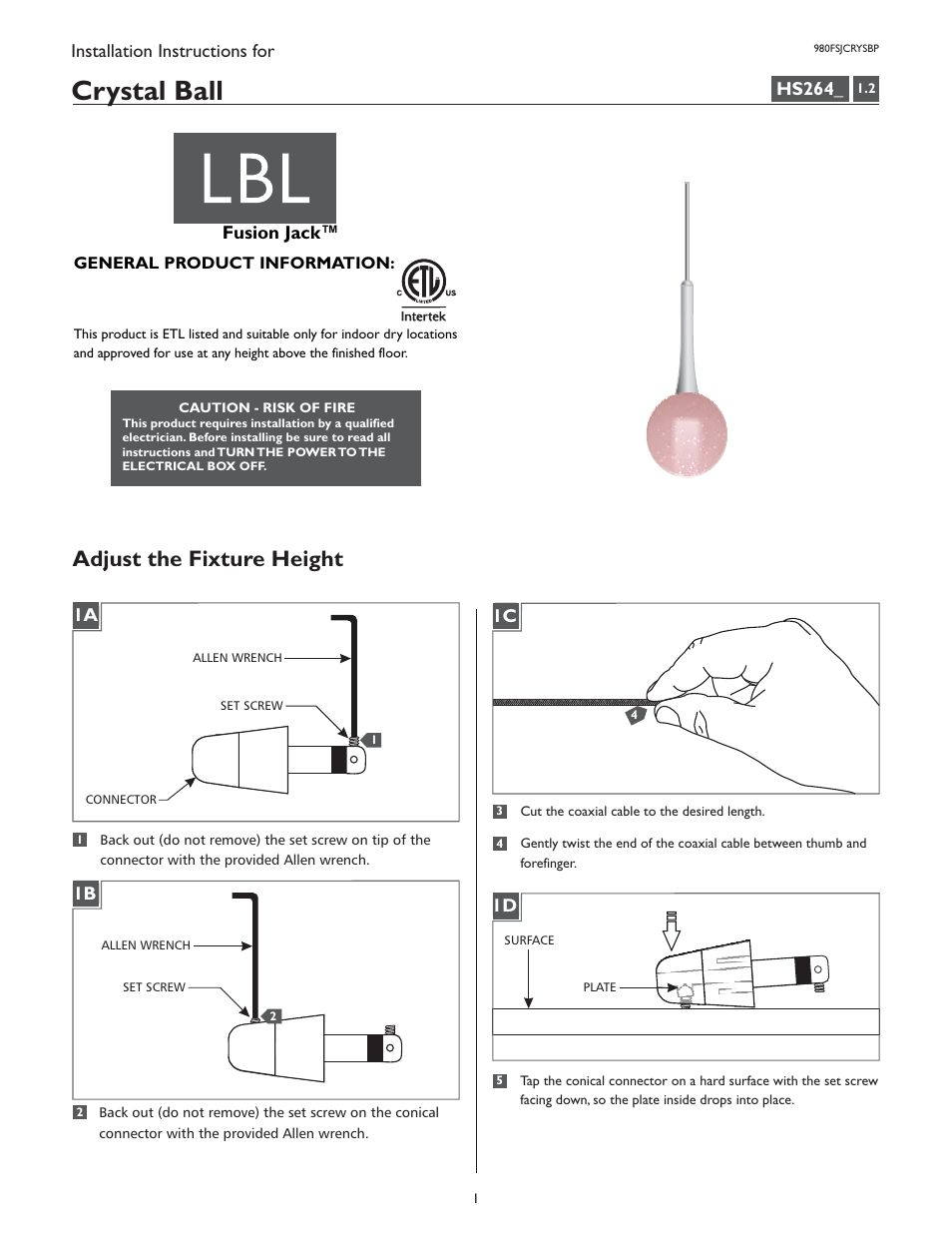 LBL Lighting Crystal Ball User Manual | 4 pages