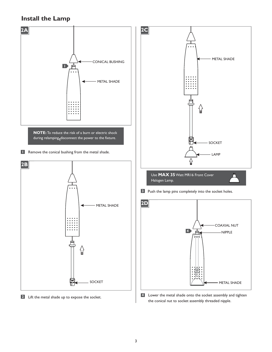 Install the lamp, 2a 2c | LBL Lighting Rocket P User Manual | Page 3 / 4