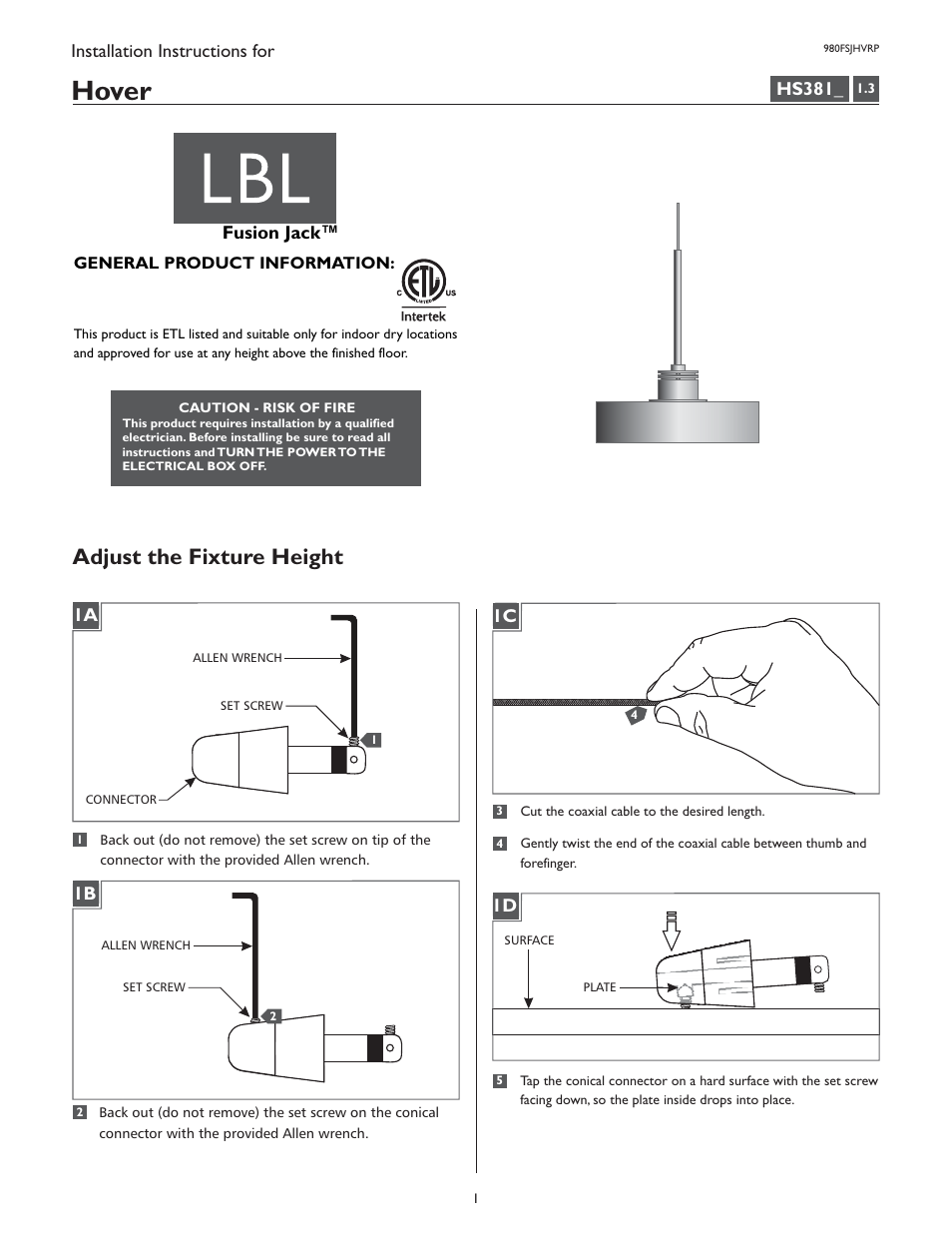 LBL Lighting Hover P User Manual | 4 pages