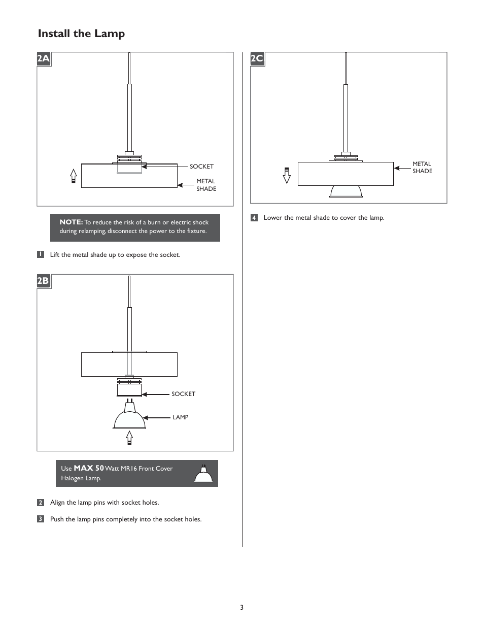 Install the lamp, 2a 2c 2b | LBL Lighting Hover P User Manual | Page 3 / 4