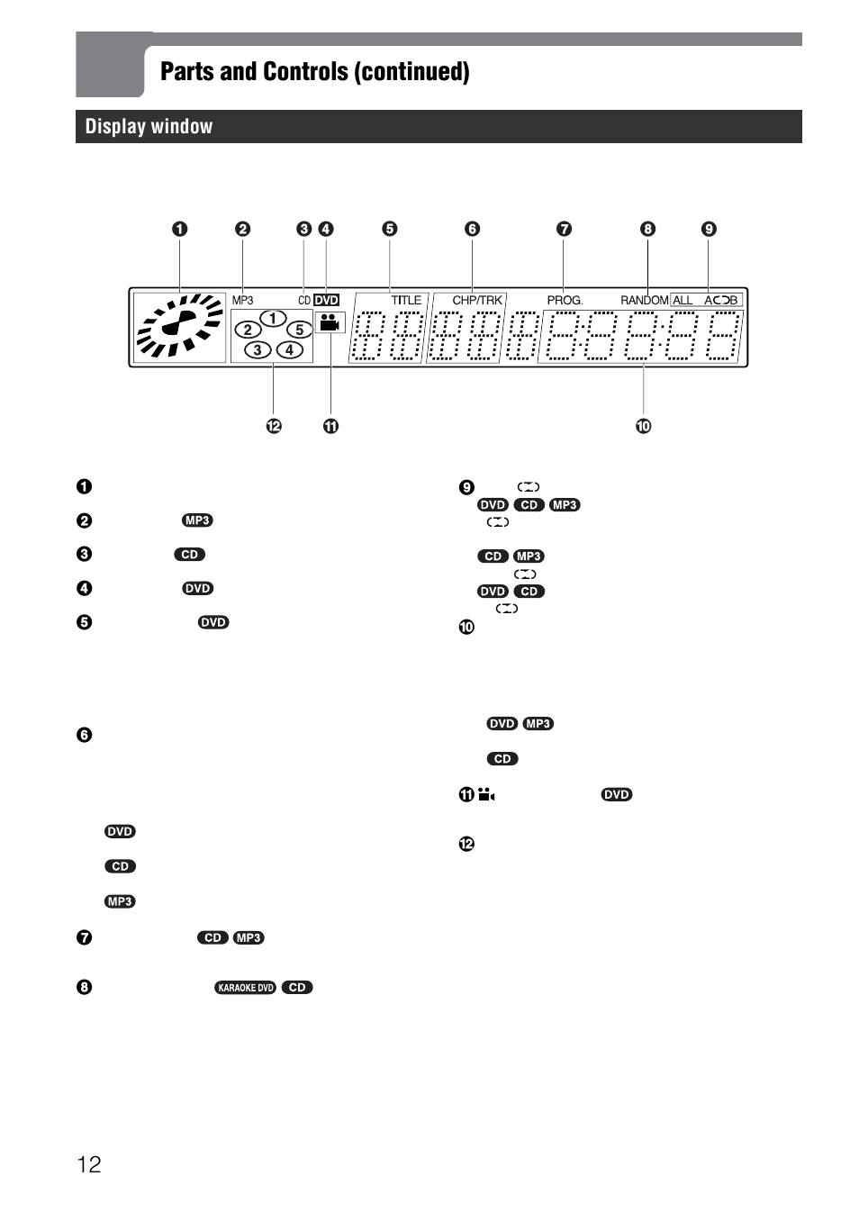 Parts and controls (continued), Display window | Aiwa XD-SPM823 User Manual | Page 12 / 59