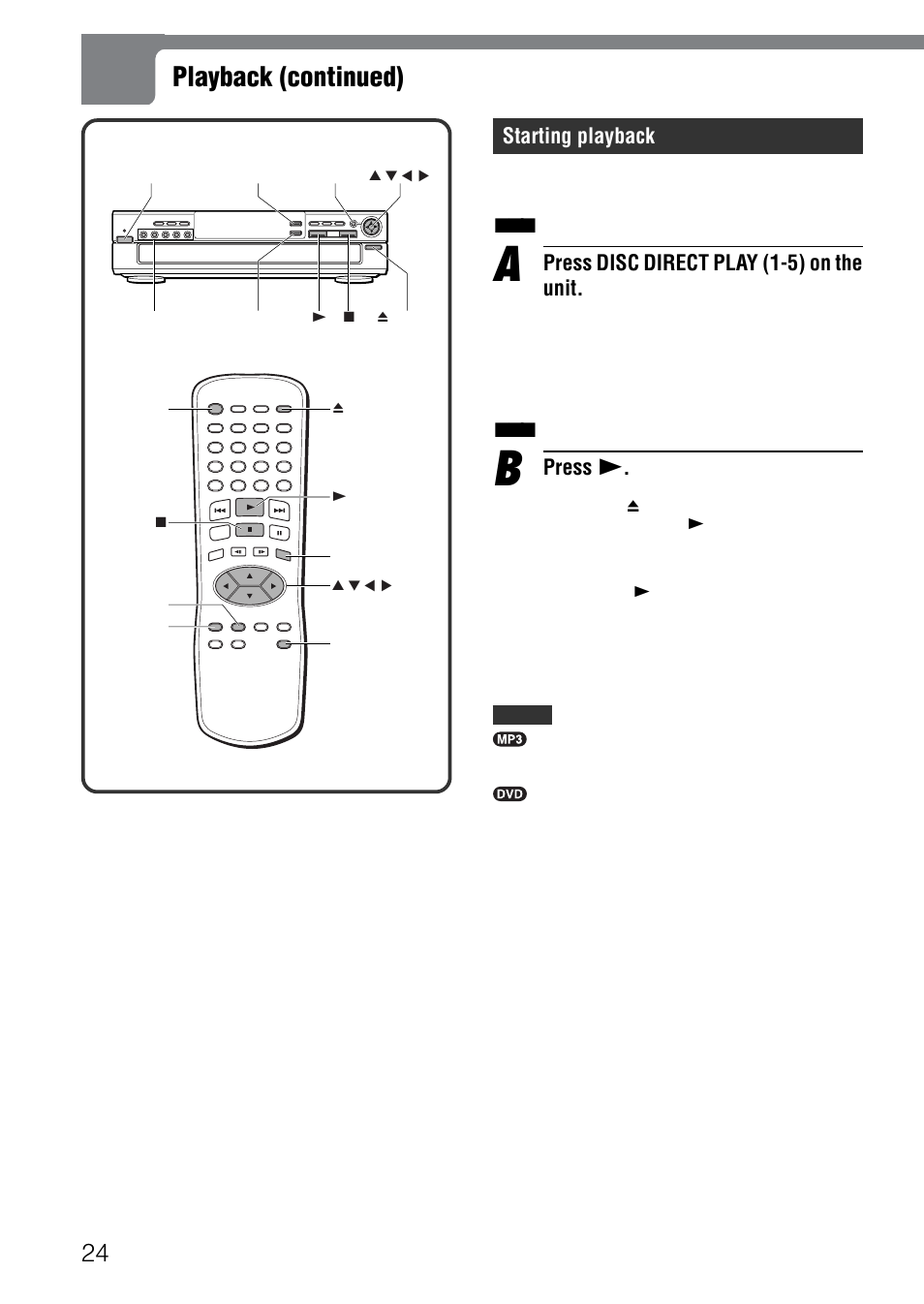 Playback (continued), Starting playback, Press disc direct play (1-5) on the unit | Press c | Aiwa XD-SPM823 User Manual | Page 24 / 59