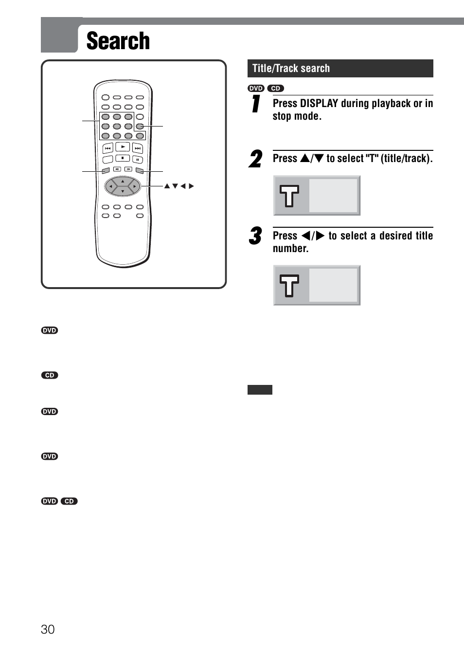 Search, Title/track search, Press display during playback or in stop mode | Press i / k to select "t" (title/track). 1/3, Press j / l to select a desired title number. 3/3 | Aiwa XD-SPM823 User Manual | Page 30 / 59