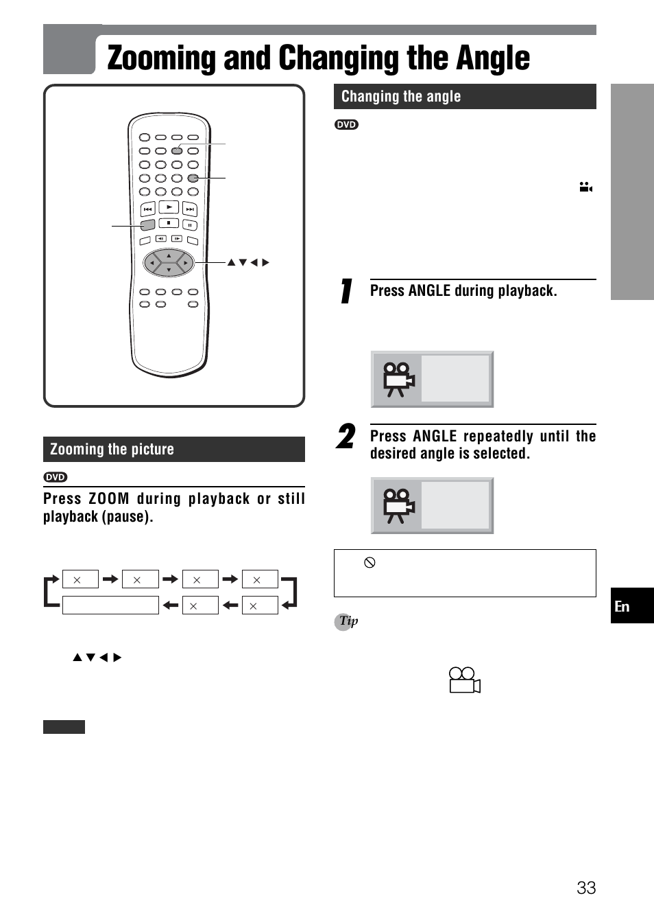 Zooming and changing the angle, En changing the angle, Press angle during playback | Aiwa XD-SPM823 User Manual | Page 33 / 59