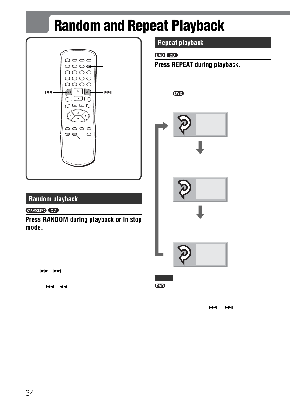 Random and repeat playback, Off title chapt random playback, Press random during playback or in stop mode | Repeat playback, Press repeat during playback | Aiwa XD-SPM823 User Manual | Page 34 / 59