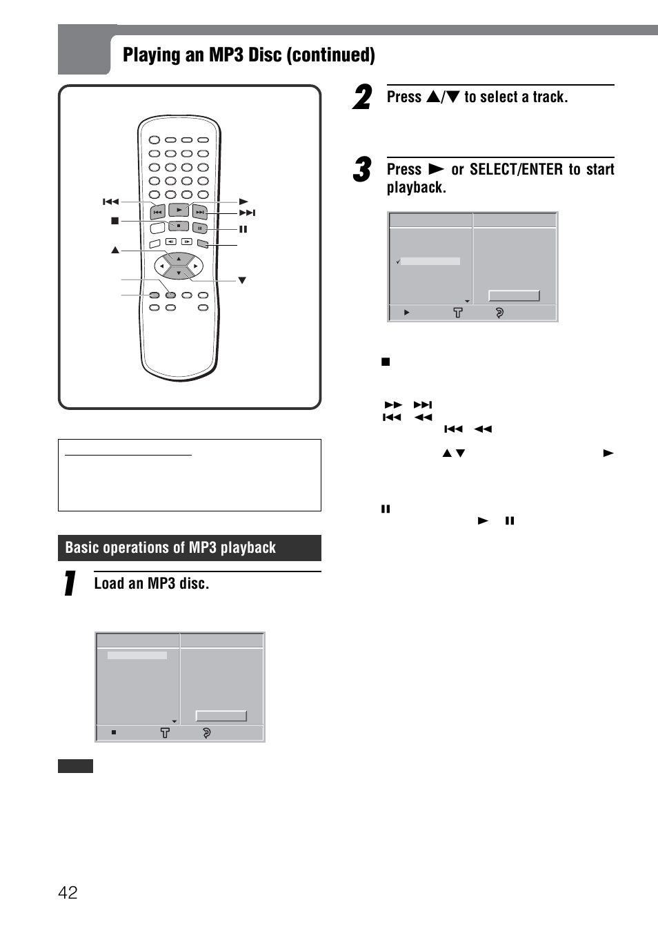 Playing an mp3 disc (continued), Basic operations of mp3 playback, Load an mp3 disc | Press i / k to select a track, Press c or select/enter to start playback | Aiwa XD-SPM823 User Manual | Page 42 / 59