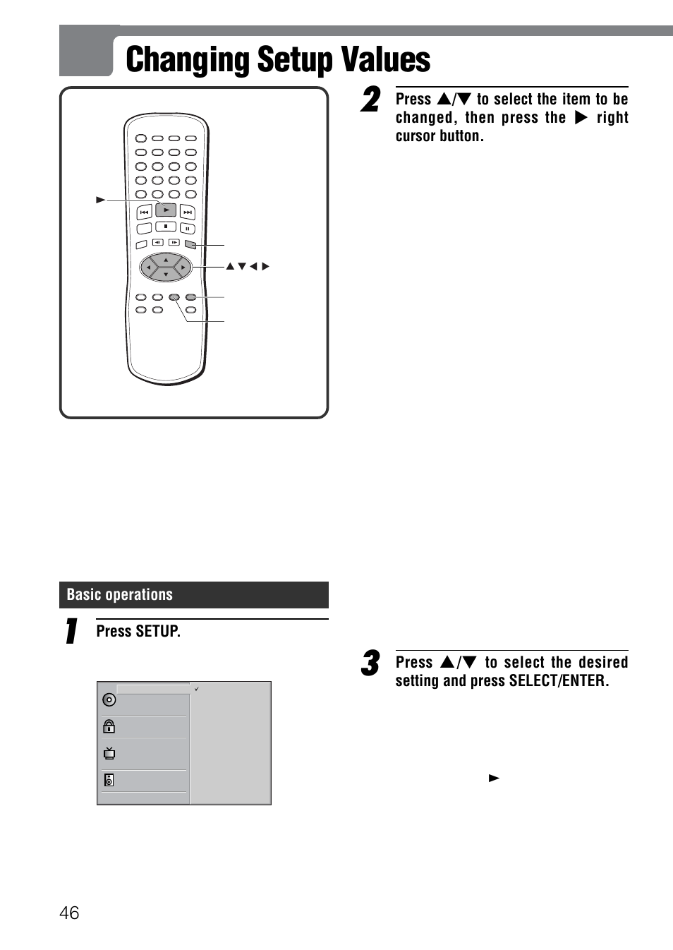 Changing setup values, Basic operations, Press setup | Aiwa XD-SPM823 User Manual | Page 46 / 59