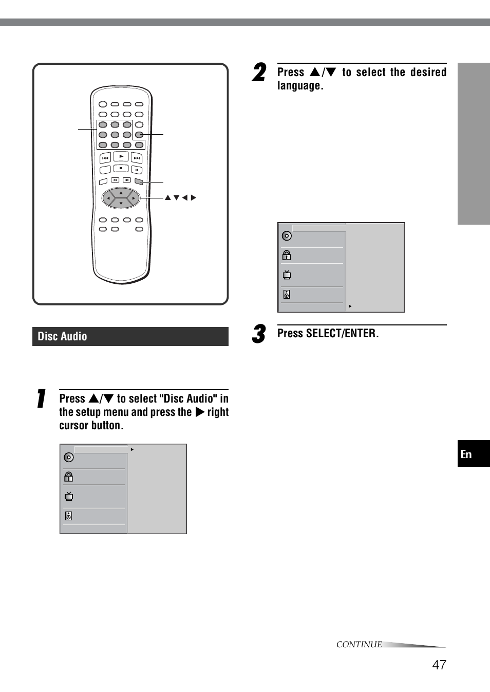 Disc audio, Press i / k to select the desired language, Press select/enter | As necessar y | Aiwa XD-SPM823 User Manual | Page 47 / 59