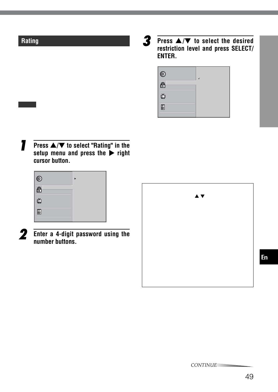 En rating, Enter a 4-digit password using the number buttons, As necessar y | When you have not entered a password yet, When you have already entered a password, If you forget the password | Aiwa XD-SPM823 User Manual | Page 49 / 59