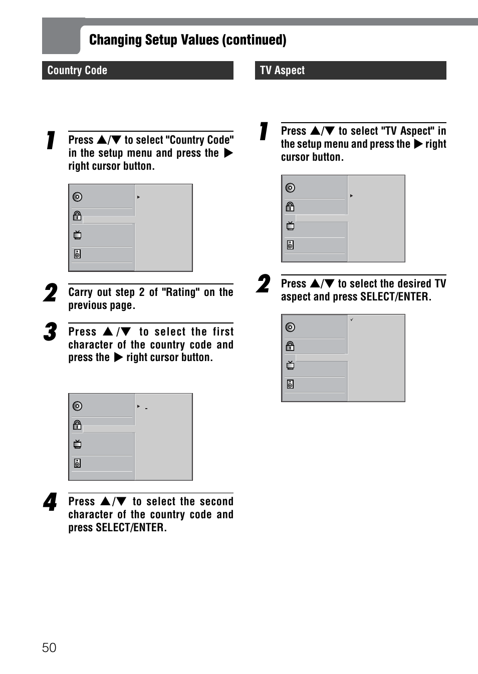 Changing setup values (continued), Country code, Carry out step 2 of "rating" on the previous page | Tv aspect | Aiwa XD-SPM823 User Manual | Page 50 / 59