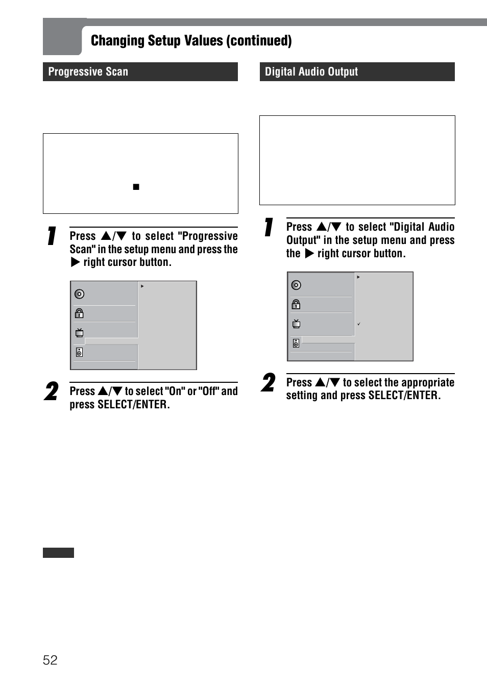 Changing setup values (continued), Progressive scan, Digital audio output | Aiwa XD-SPM823 User Manual | Page 52 / 59