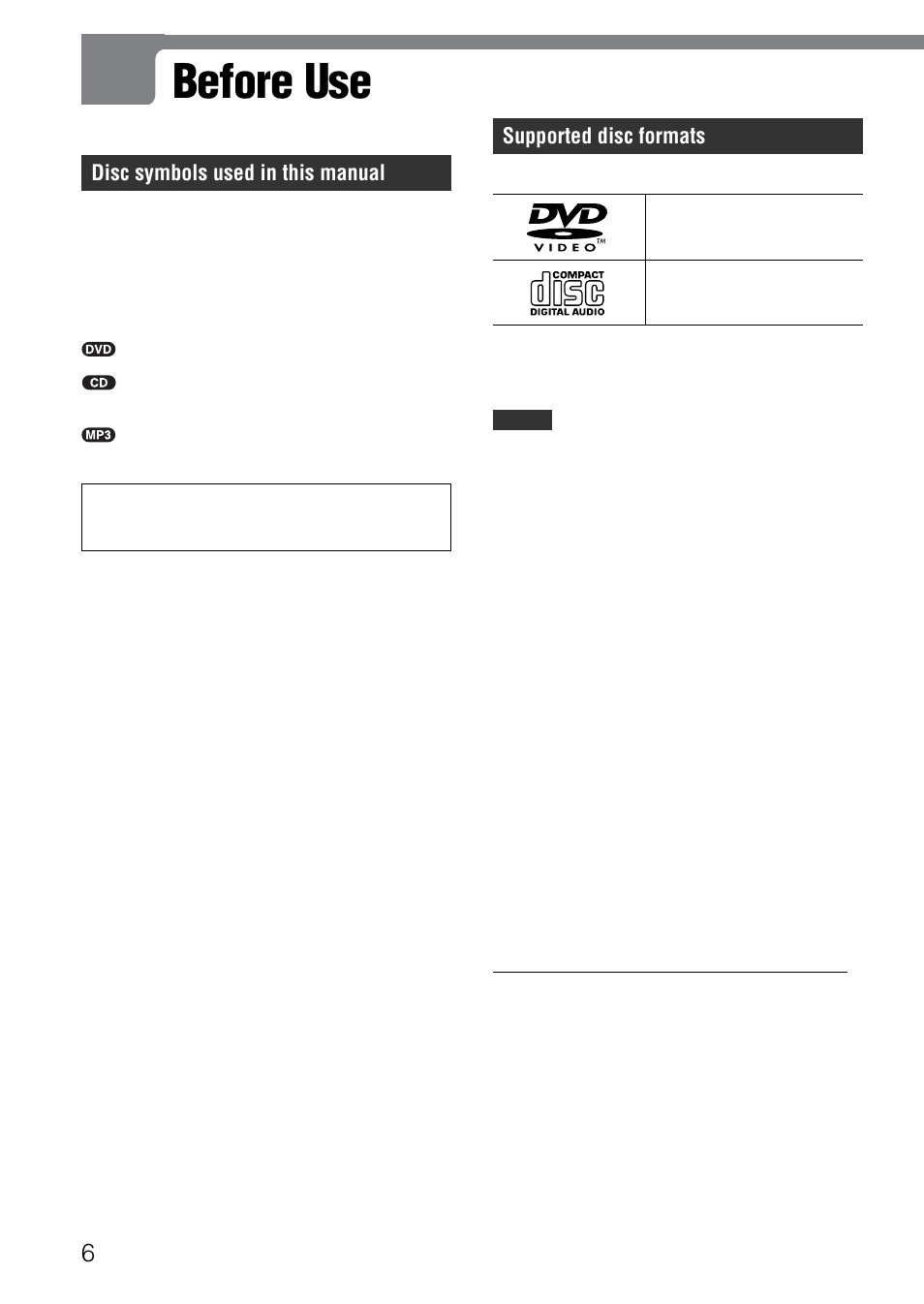 Before use, Supported disc formats, Disc symbols used in this manual | Aiwa XD-SPM823 User Manual | Page 6 / 59