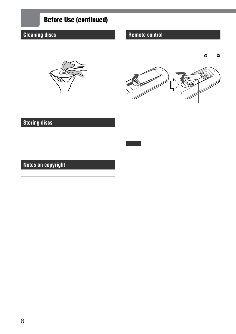 Before use (continued), Cleaning discs, Storing discs | Remote control | Aiwa XD-SPM823 User Manual | Page 8 / 59