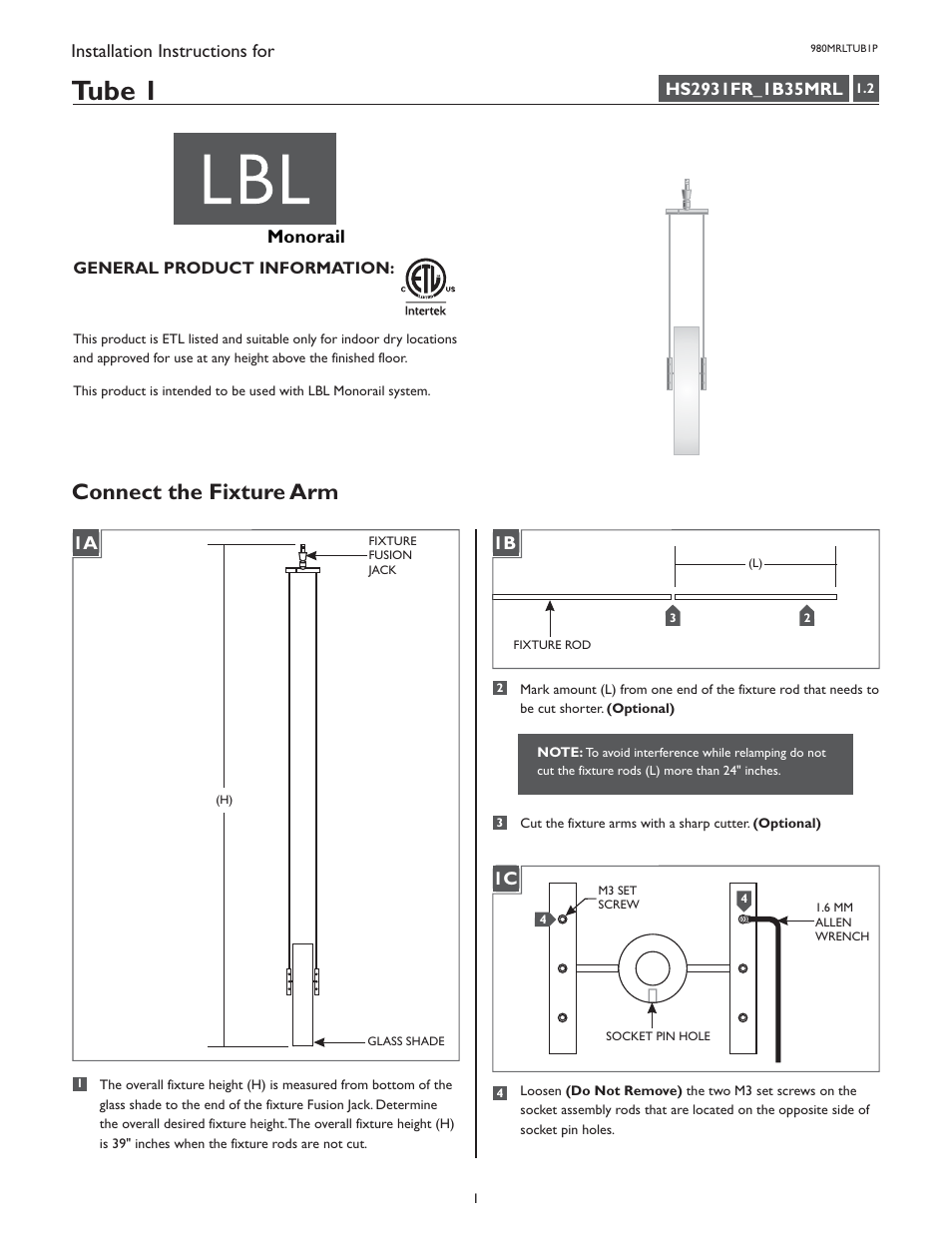 LBL Lighting Tube 1 P User Manual | 4 pages