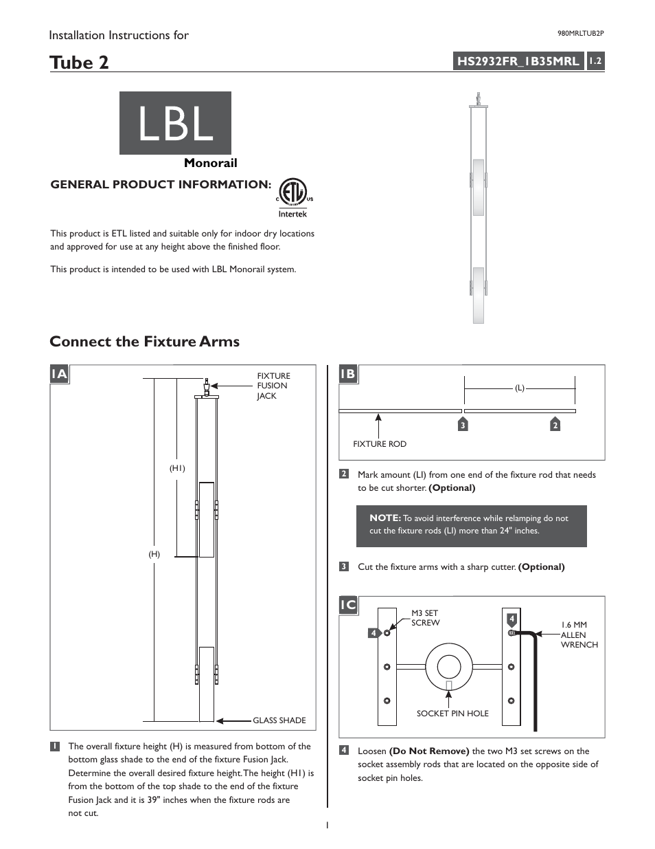 LBL Lighting Tube 2 P User Manual | 4 pages