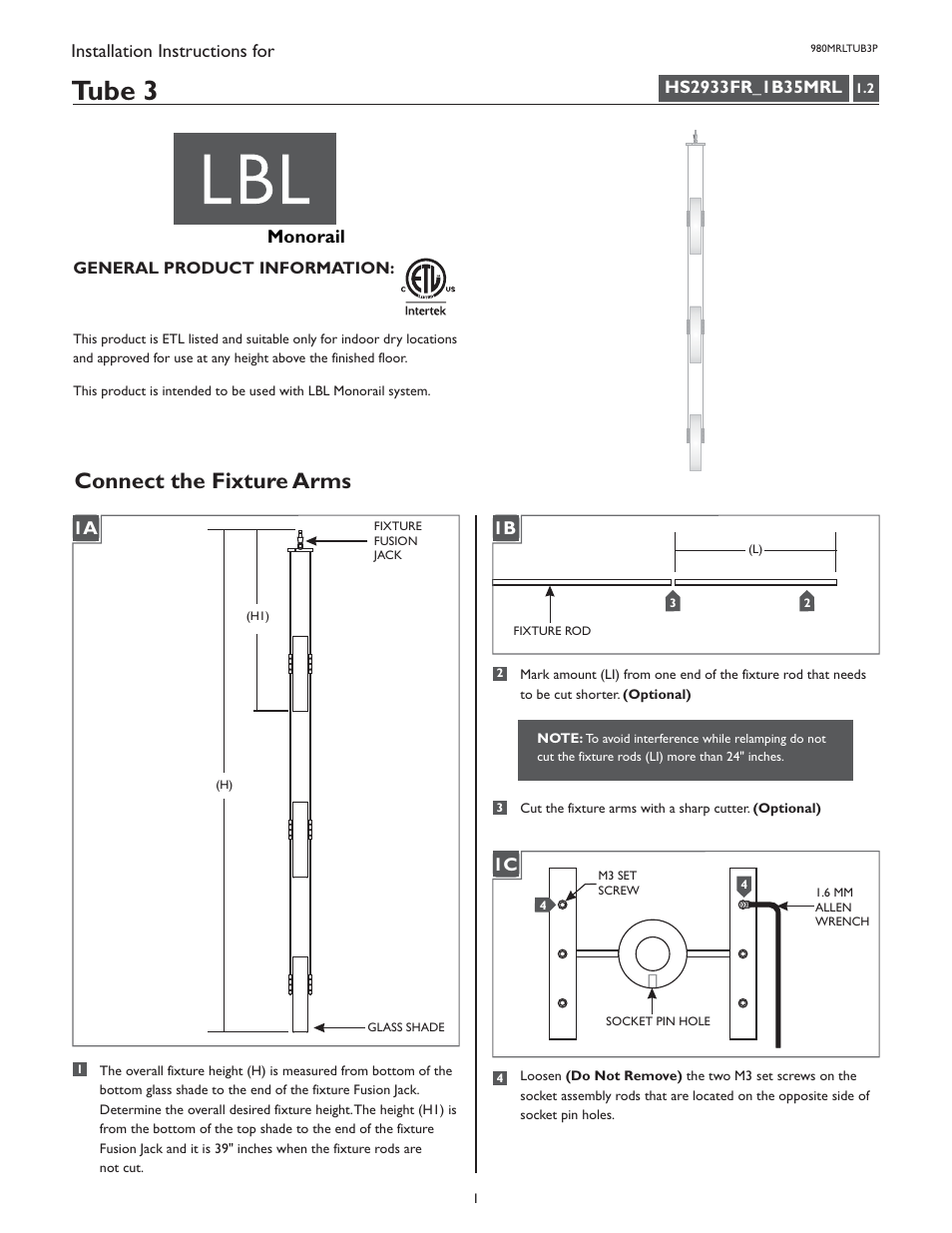 LBL Lighting Tube 3 User Manual | 4 pages