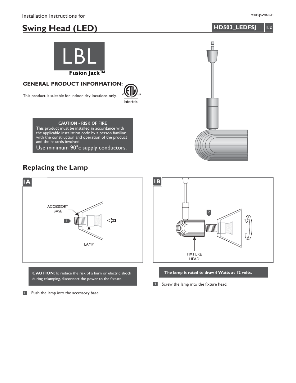 LBL Lighting Swing H User Manual | 2 pages