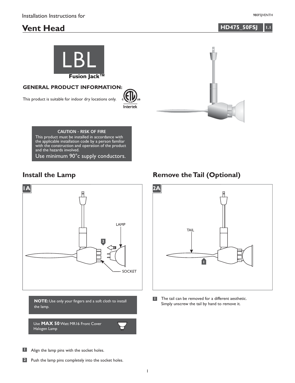 LBL Lighting Vent H User Manual | 2 pages