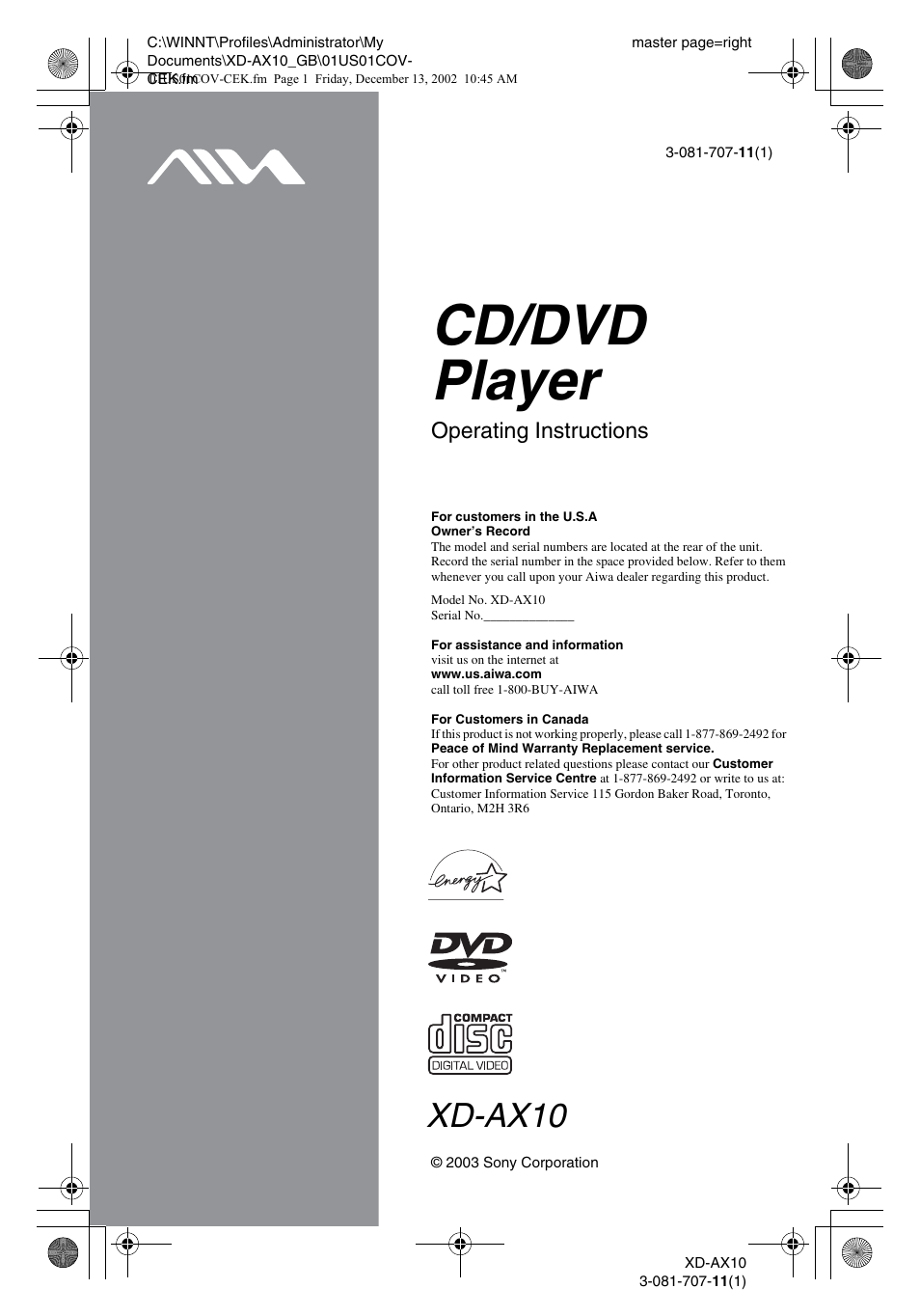 Aiwa XD-AX10 User Manual | 64 pages
