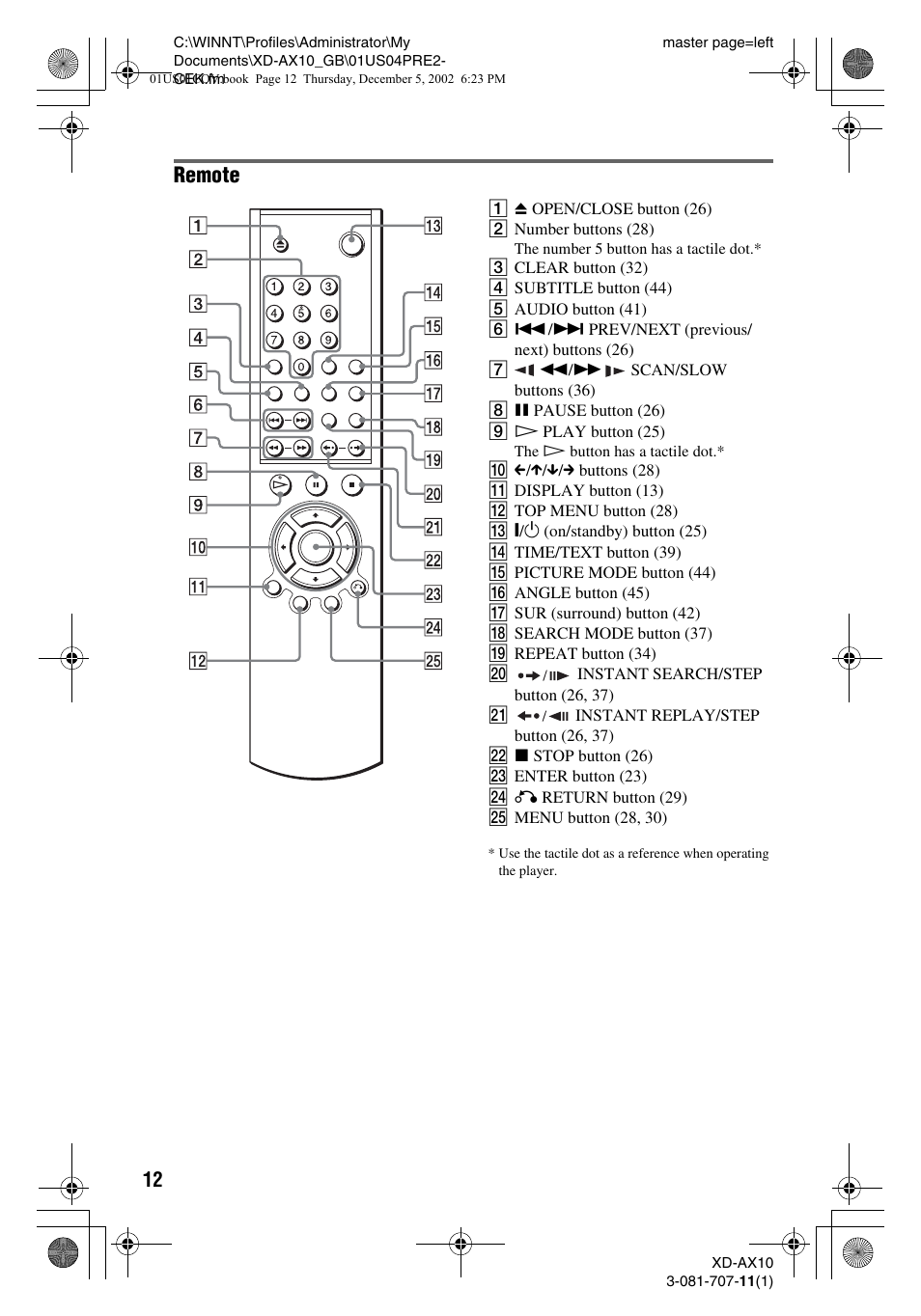 Remote | Aiwa XD-AX10 User Manual | Page 12 / 64