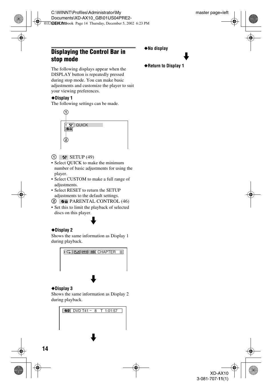 Displaying the control bar in stop mode | Aiwa XD-AX10 User Manual | Page 14 / 64