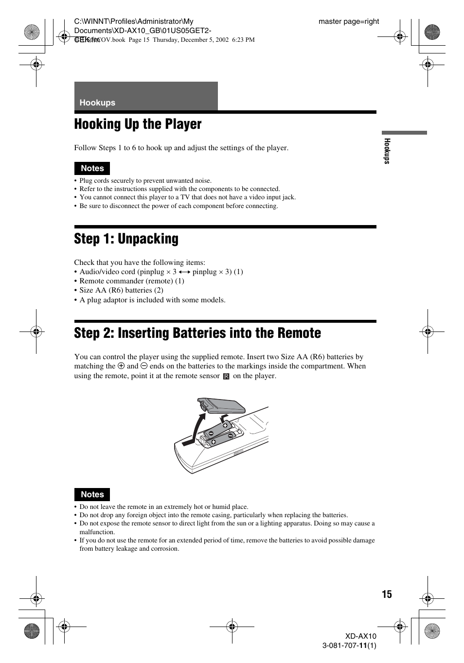 Hooking up the player, Step 1: unpacking, Step 2: inserting batteries into the remote | Aiwa XD-AX10 User Manual | Page 15 / 64