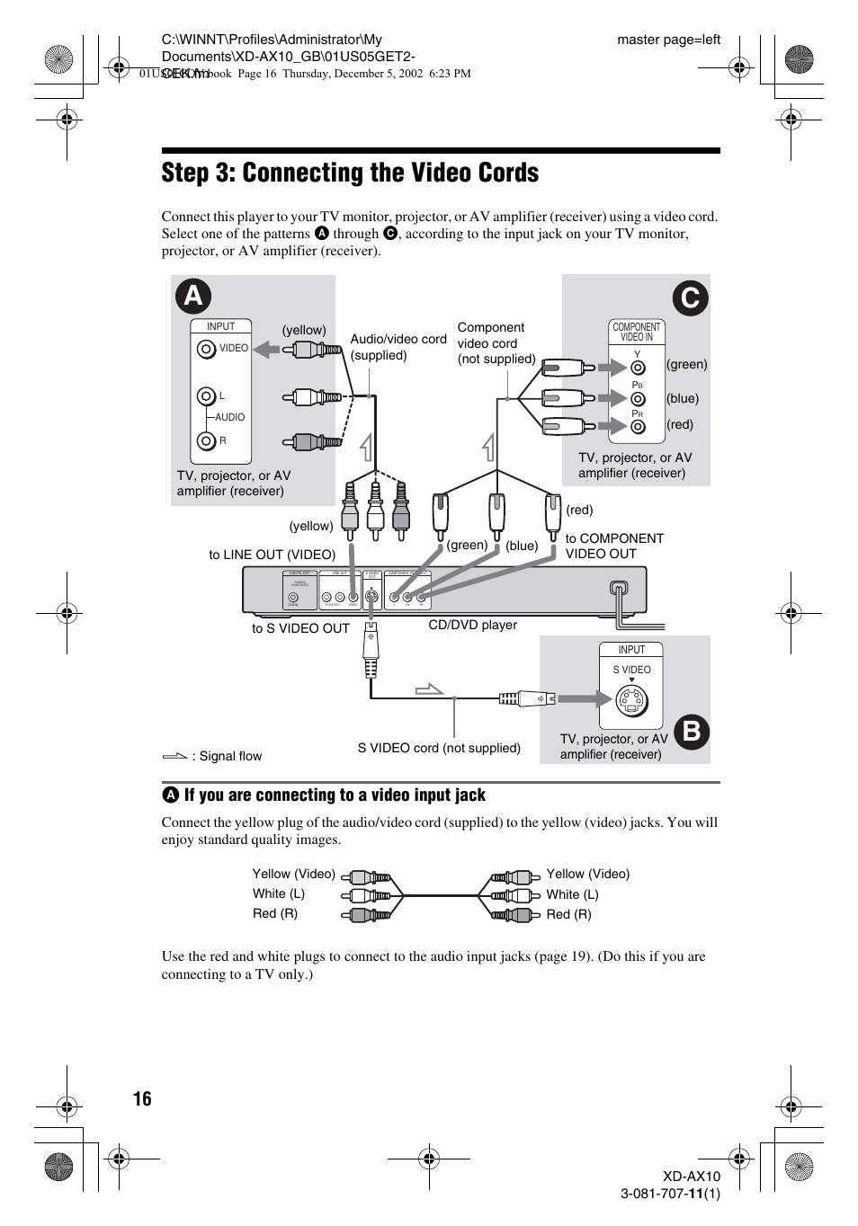Step 3: connecting the video cords, Aif you are connecting to a video input jack | Aiwa XD-AX10 User Manual | Page 16 / 64