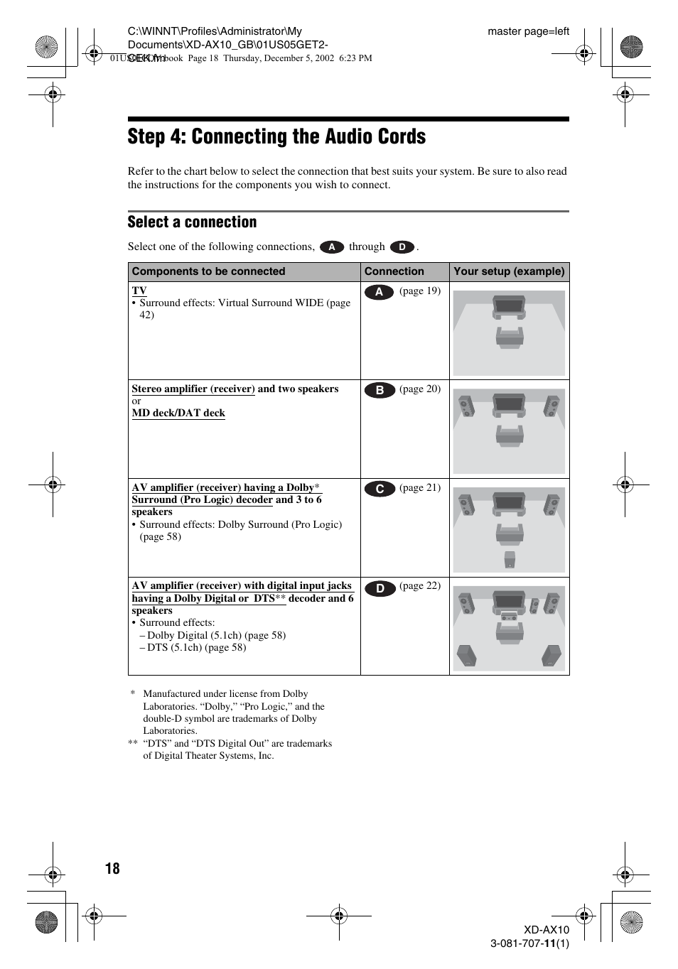 Step 4: connecting the audio cords, Select a connection | Aiwa XD-AX10 User Manual | Page 18 / 64