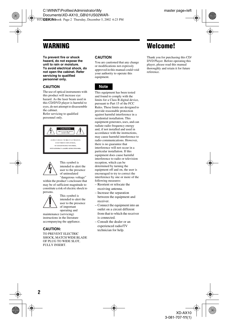 Warning, Welcome | Aiwa XD-AX10 User Manual | Page 2 / 64